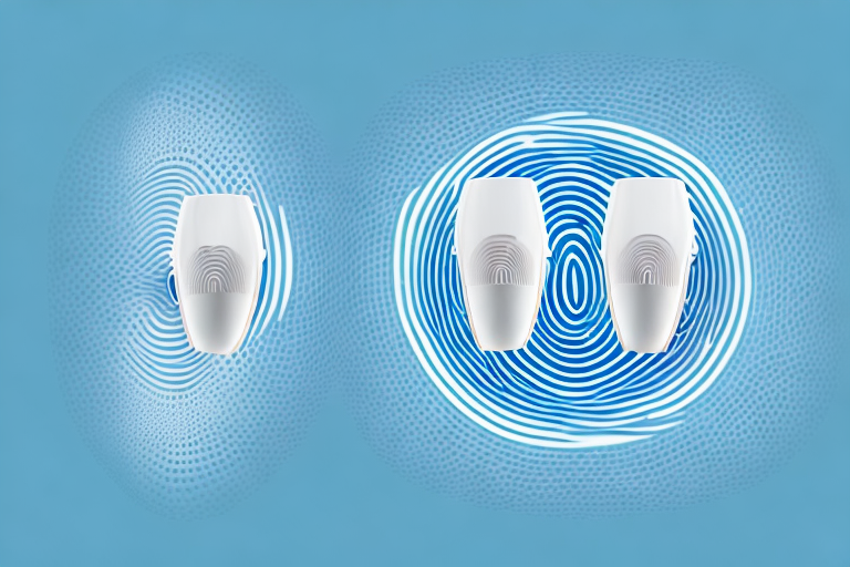 A pair of hearing aids with sound waves radiating from them
