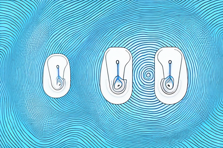A pair of hearing aids with a background of sound waves