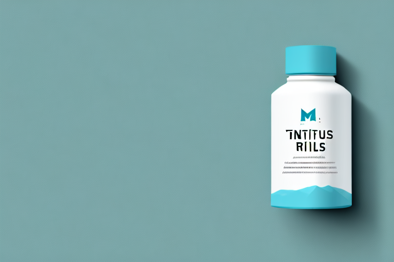A bottle of tinnitus relief supplement with a background of a peaceful landscape