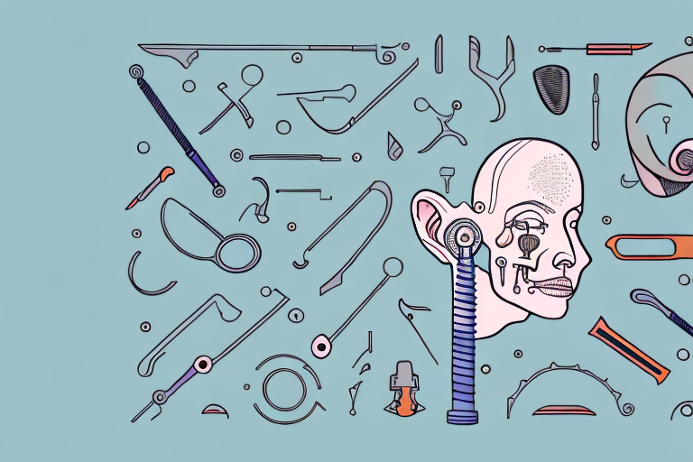 An ear with a variety of tools and objects around it